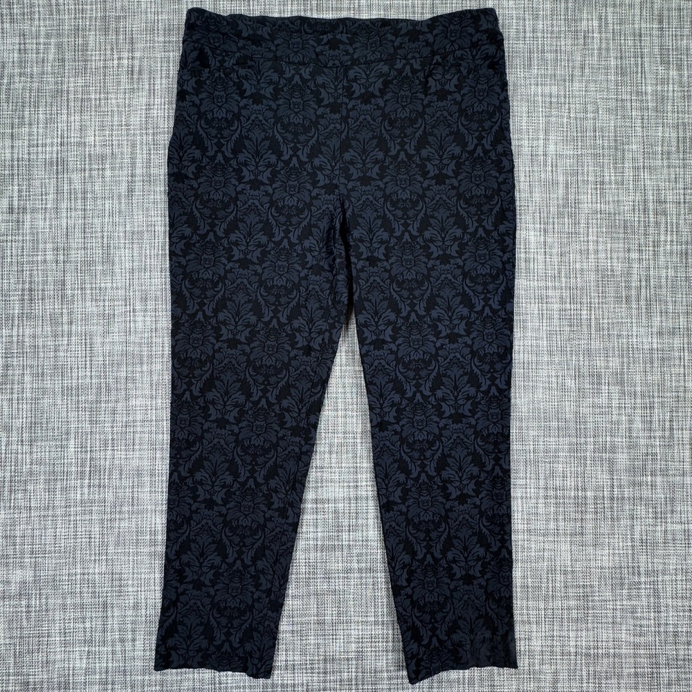 Chico's Women's 3R 16R Pants Navy Damask Floral Pull On Stretch Straight Leg